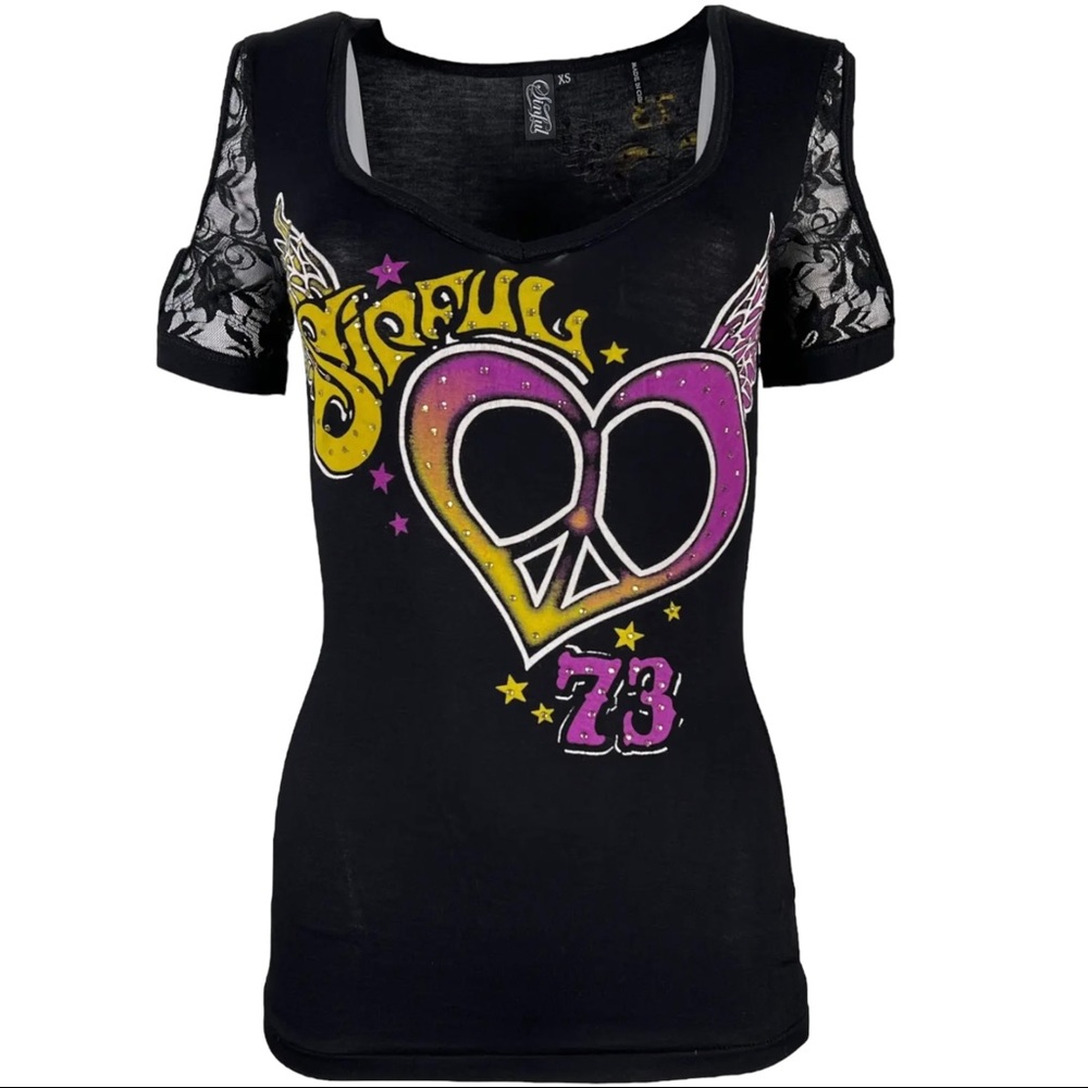 Sinful By Affliction Women's T-shirt Vertigo Biker Tattoo - Picture 3 of 11